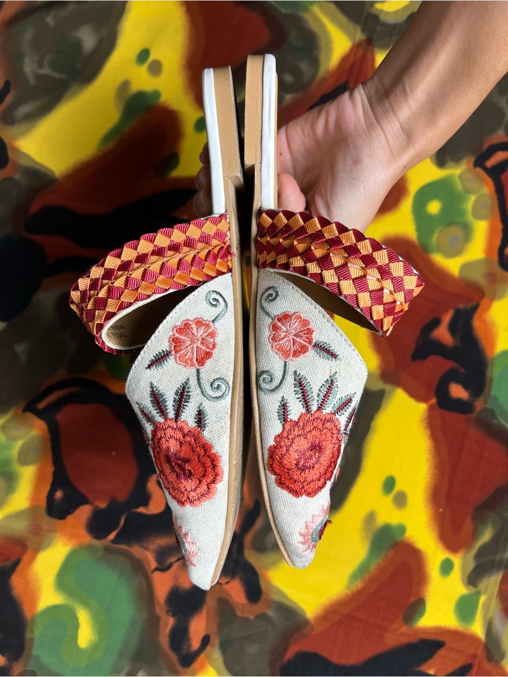 Haute Hippie red floral embroidered slip-on mules with woven strap women’s 7.5 - Picture 3 of 15